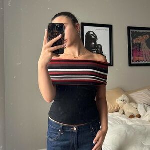 Striped Off-Shoulder Knit Top in Black and Red